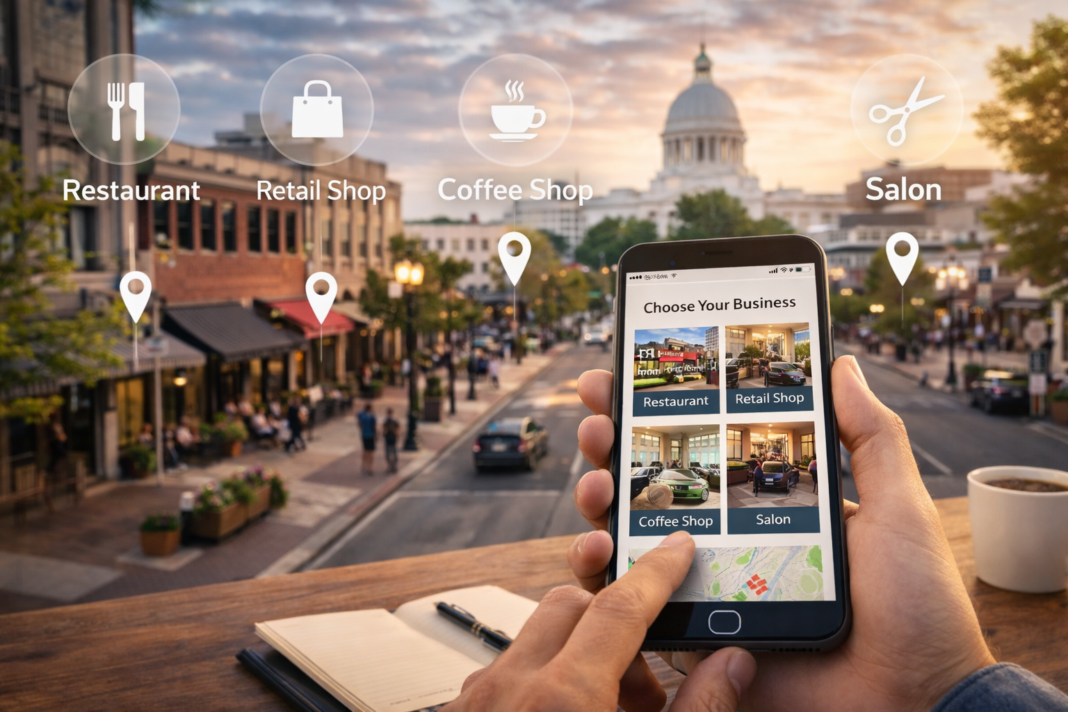 Phone screen showing business categories for a new Montgomery business