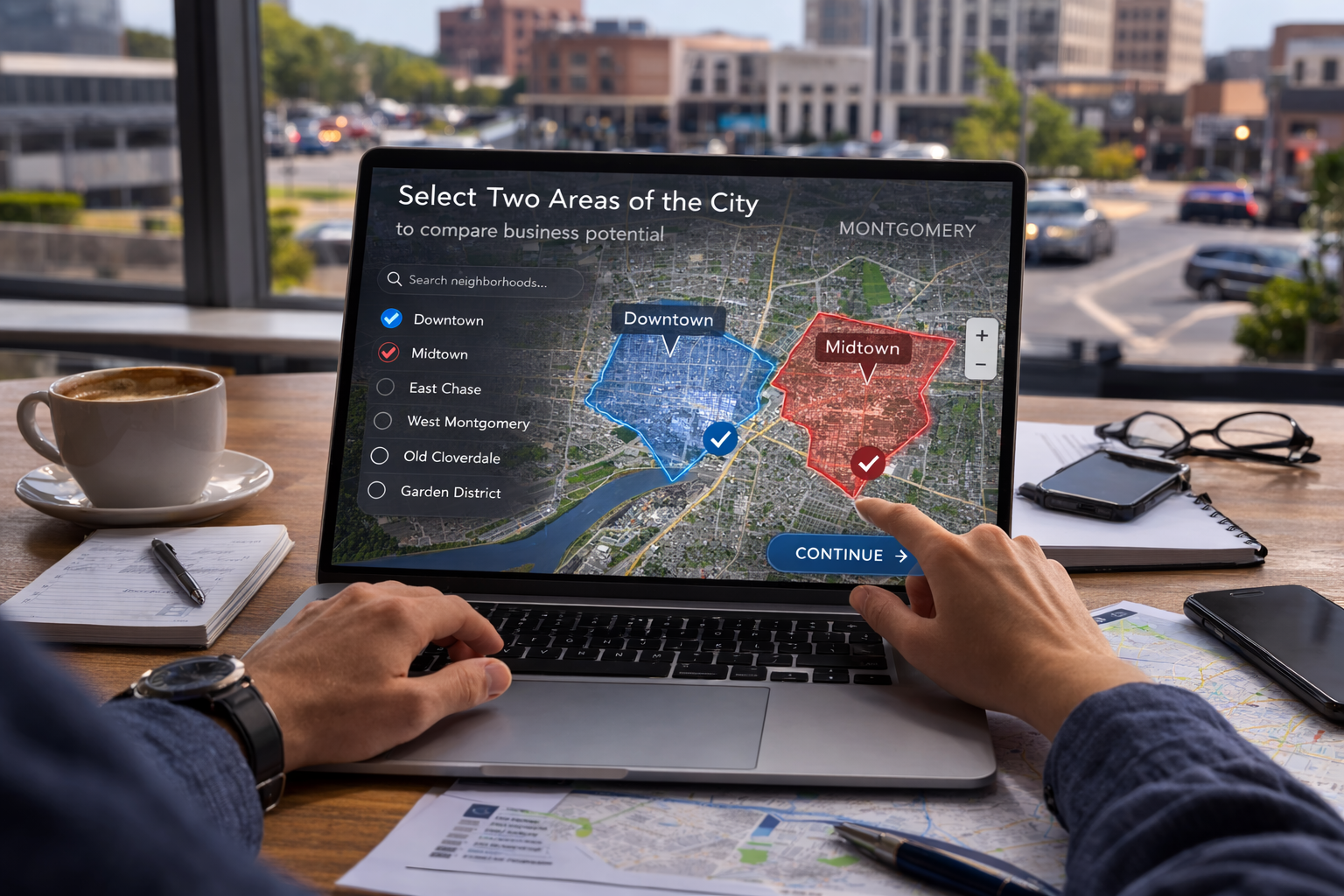 Laptop showing two Montgomery areas selected on a city map